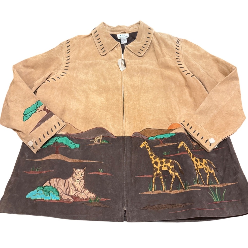 Vintage Quacker Factory 2X Lther Safari Jacket Embroidery Giraffe Elephant Tiger